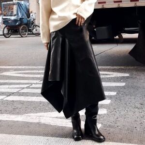 Zara vegan leather asymmetric hem midi black skirt sz.S